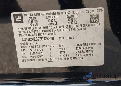 2014 GMC Sierra K1500 Slt z USA, uszkodzony, nr VIN 3GTU2VEC9EG428809